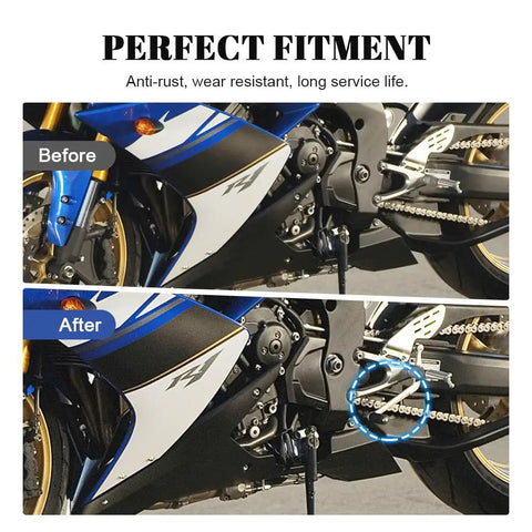 Before and after view of Yamaha YZF R1 with Aluminum Motorcycle Shift Lever Replacement for 2004-2008, black rubber footpeg OEM style.