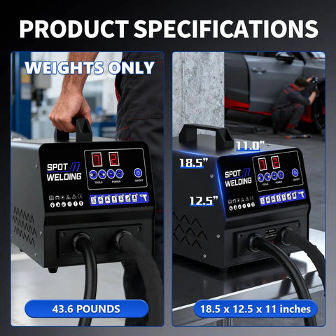 Powerful Auto Body Dent Repair Kit With 4200A Stud Welder, 7 Welding Modes, dimensions and weight shown in workshop.