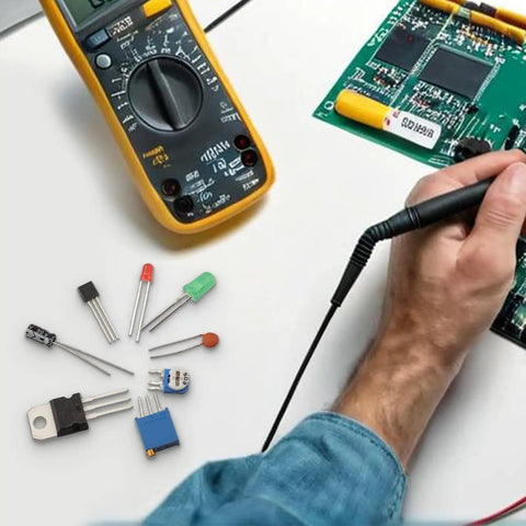 Person using DIY Electronics Component Kit With 1818 Pieces Including Resistors, Capacitors, LEDs, Diodes, Transistors, and PCB Board