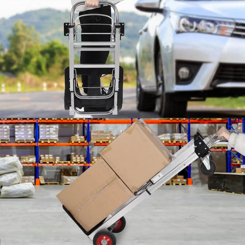 2-In-1 Convertible Aluminum Hand Truck And Platform Dolly 700 Lb Capacity, Collapsible Cart With Telescoping Handle, Four-Wheel Stability, Heavy-Duty Rust-Resistant Build For Warehouse And Material Handling carrying boxes in warehouse