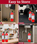 Four Pack ABC Dry Chemical Fire Extinguishers Five Pound All In One Safety Kit For Home Workshop Camper Or Sedan quick storage in home, vehicle, garage, and kitchen.