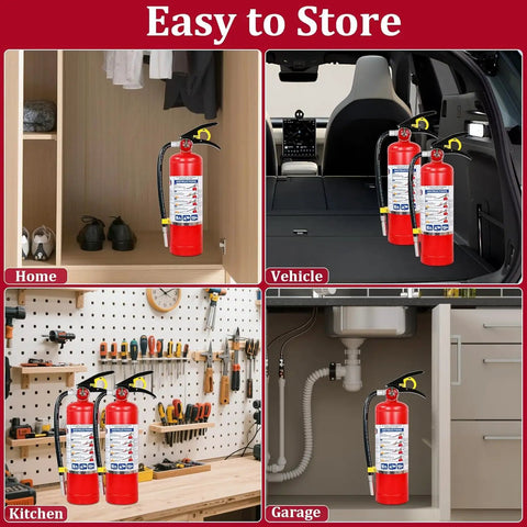 Four Pack ABC Dry Chemical Fire Extinguishers Five Pound All In One Safety Kit For Home Workshop Camper Or Sedan quick storage in home, vehicle, garage, and kitchen.