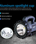 Rechargeable Spotlight With Handle, Ultra Bright LED Searchlight, aluminum spotlight cup, high lumen output, side view