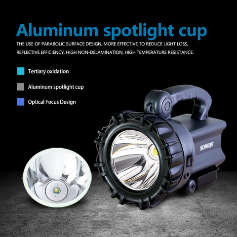 Rechargeable Spotlight With Handle, Ultra Bright LED Searchlight, aluminum spotlight cup, high lumen output, side view