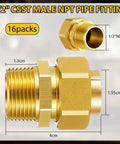 Close-up of 16 Pack 1/2 Inch NPT Brass Pipe Fittings Kit With CSST Male Threads Hex Nipples Gas Connect Adapters