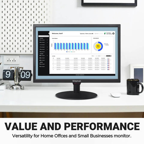 19 Inch HD 1440x900 LED Computer Monitor With Built In Speakers on desk, displaying analytics, suitable for office use