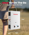 Person holding Portable Propane Tankless Water Heater For RV And Camping, 1.58 GPM, 6L, 41,000 BTU Per Hour, lightweight design.