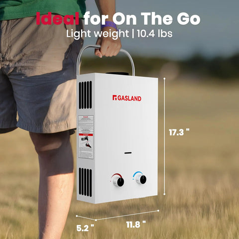 Person holding Portable Propane Tankless Water Heater For RV And Camping, 1.58 GPM, 6L, 41,000 BTU Per Hour, lightweight design.