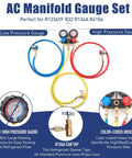 Front view of BACOENG AC vacuum pump and gauge set with blue, red, and yellow hoses and dual gauges.