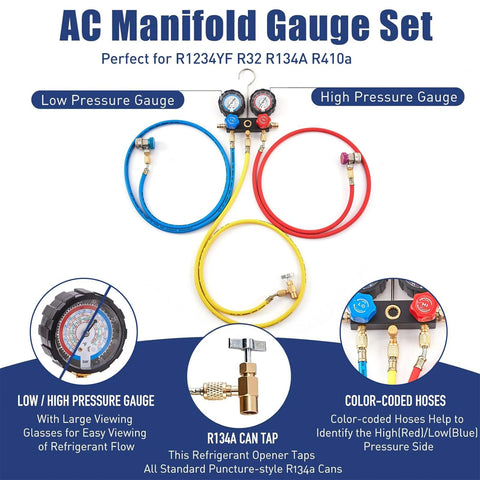 Front view of BACOENG AC vacuum pump and gauge set with blue, red, and yellow hoses and dual gauges.