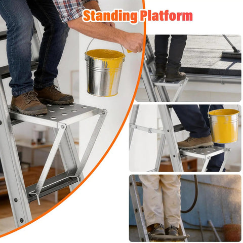 Heavy Duty Foldable Ladder Platform With Rock Solid Anti Slip Work Shelf Alloy Steel Step Attachment and Project Tray For Paint Gear Holds 400 Lbs Jobsite Ready, close-up of worker standing on ladder platform holding paint bucket.