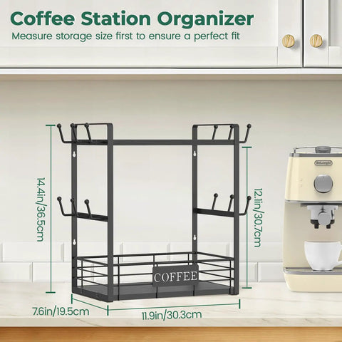 Coffee Mug Organizer Rack For Countertop, 2 Tier Mug Stand With 12 Hooks in Black on a white kitchen counter