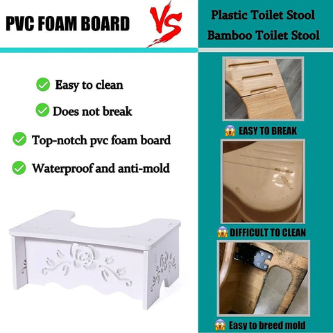 Comparison of PVC foam board toilet stool and bamboo stool with images showing advantages of the PVC model