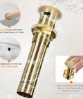 Single Handle Waterfall Bathroom Faucet In Brushed Gold With 6 Inch Deck Plate Includes Metal Pop Up Drain Assembly And CUPC Water Supply Lines Fits 4 Inch Single Hole Or 3 Hole Sinks For A Sleek Boss Level Spa Vibe - metal pop-up drain detail