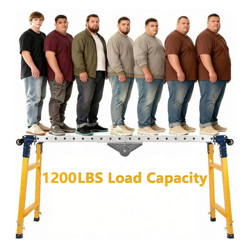 Built Like A Tank Portable Welding Table With Adjustable Height Workbench Supporting Up To 1200 Lbs showing weight test with multiple people.