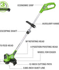 24V Cordless String Trimmer with auto feed head, 12 inch cutting path, telescoping shaft for precise yard work. Give Your Lawn That Righteous Glow Up With This Badass 24V Cordless Combo Kit Packing A 12 Inch String Trimmer And Blower With Auto Feed Head For Zero Sweat Outdoor Yard Work.