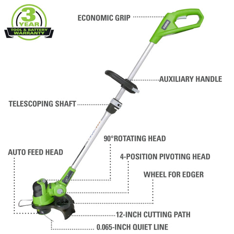 24V Cordless String Trimmer with auto feed head, 12 inch cutting path, telescoping shaft for precise yard work. Give Your Lawn That Righteous Glow Up With This Badass 24V Cordless Combo Kit Packing A 12 Inch String Trimmer And Blower With Auto Feed Head For Zero Sweat Outdoor Yard Work.