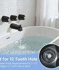 Matte Black 3 Piece Shower Knob And Diverter Tub Spout Kit For Standard One Half Inch And Three Quarter Inch Male Threaded Connections Heavy Duty Metal Bath Faucet Set Fits Most Tub And Shower Handles Easy Install installed on a white tile bathroom wall above a tub, water flowing.