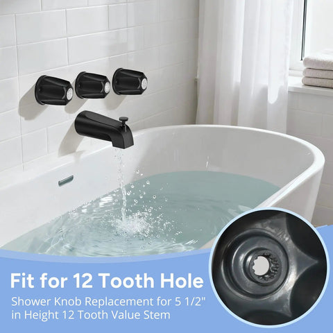 Matte Black 3 Piece Shower Knob And Diverter Tub Spout Kit For Standard One Half Inch And Three Quarter Inch Male Threaded Connections Heavy Duty Metal Bath Faucet Set Fits Most Tub And Shower Handles Easy Install installed on a white tile bathroom wall above a tub, water flowing.