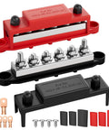 Badass 400A Power Distribution Bus Bar With Six M8 Studs And Red Black Pair Battery Terminal Kit For 12V 24V 48V Systems, showing components and copper lugs.