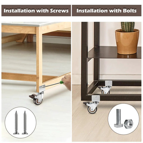 Installation guide for 2 Inch Rubber Caster Wheels With 3/4 Inch U Bracket showcasing screws and bolts for mounting.