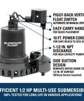 1/2 HP Thermoplastic Submersible Sump Pump With Vertical Float Switch, 3,300 GPH, Lifts Water Up To 25 Feet, 1-1/2 Inch NPT Discharge