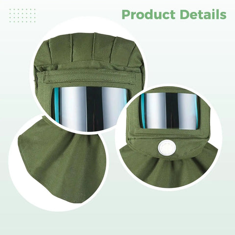 Beast Mode Sandblasting Hood Featuring Curved Polycarbonate Lens And Heavy Canvas Shawl with detailed view of the lens and shawl.