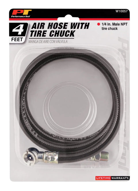 Four Ft Rugged Pvc Air Hose With Snap On Tire Chuck Rated At Three Hundred Psi For Everyday Yard Work And Garage Hacks Kink Resistant Grip Safe Ultra Flex Line in packaging.