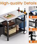 Outdoor Stainless Steel Grill Table 34 Inch Long By 20 Inch Wide With Magnetic Tool Holder Wheels Hooks Side Tray And Handle For Outdoor Cooking Pizza Oven Stand Cart showcasing cutting board, bottle opener, and storage details.