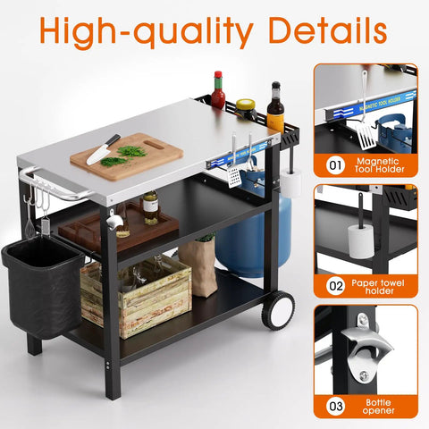Outdoor Stainless Steel Grill Table 34 Inch Long By 20 Inch Wide With Magnetic Tool Holder Wheels Hooks Side Tray And Handle For Outdoor Cooking Pizza Oven Stand Cart showcasing cutting board, bottle opener, and storage details.