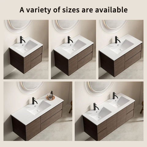 HAOCHRYSYPH Double Bowl Ceramic Sink, Milk White, 47.64 x 18.12 x 6.7 in. displayed in various sizes on vanities.