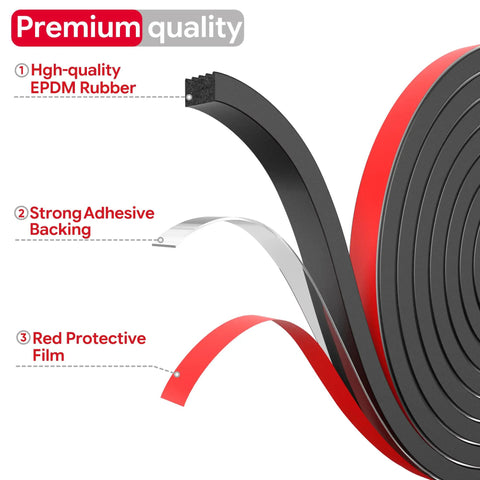 26 Ft EPDM Rubber Weather Stripping Foam Self Adhering RV Door Seal showing EPDM rubber, adhesive backing, and protective film