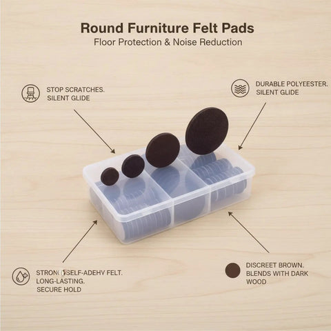 Round Furniture Felt Pads Self Adhesive Brown Floor Protectors for Hardwood Floors in storage box on wooden surface