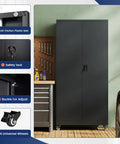 Beefy 75 Inch Rolling Metal Garage Storage Cabinet With Locking Doors And Adjustable Shelves Heavy Duty Steel Tool Cabinet