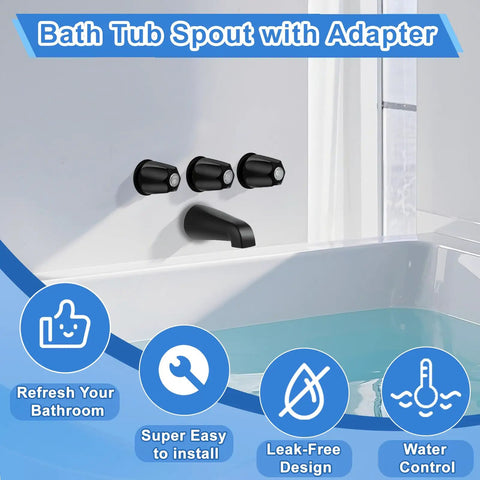 Matte Black Tub Spout And Shower Trim Kit With Three Knobs Including Hot Cold Diverter Easy Install Fits Half Inch Male Thread
