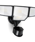 Hella Bright 80 Watt 9000 Lumens 4 Head Outdoor Security Flood Light With Hardwired Motion Sensor and Swivel Adjustable Heads, black fixture.