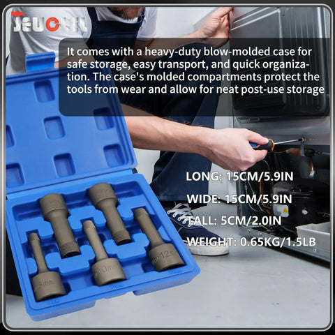 Five Piece Half Inch Drive Impact Wedge Proof Extractor Set For Bolt Removal And Safe Disassembly Extended Reach Design For Hard To Reach Fasteners For Tough Jobs in blue case