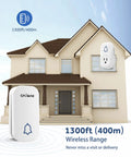 Illustration of Self Powered Wireless Doorbell No Battery Needed Easy Plug In Cordless Chime With 1300ft Range on house exterior.