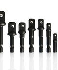 Eight Piece Impact Socket Adapter Set For One Quarter Inch Three Eighths Inch And One Half Inch Drives Quick Change Drill Chucks Heavy Duty Vanadium Steel With Black Oxide Finish Torque Compression Hex Shank Adapters For Tough Jobs.