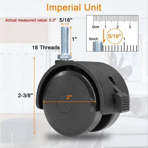 Front view of AAGUT 2-inch swivel caster with locking brake, threaded 5/16-18 stem, black.