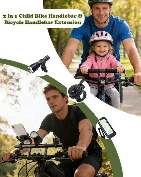 2-In-1 Kids Bike Handlebar Extender For Mountain Bikes And BMX, fits 25-32mm bars, shown on bikes with GPS and phone attachments