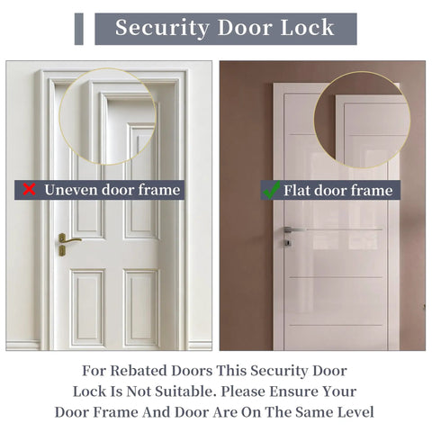 Security door lock image showing uneven versus flat door frame suitability for Heavy Duty Swing Bar Door Lock With Secure Latch Guard Clasp And Rust Resistant Zinc Alloy Frame For Inward Swinging Doors Hassle Free Mount Rock Solid Black Home Security.