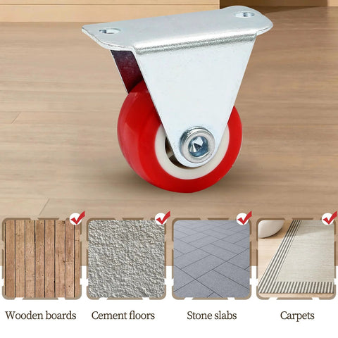 Rigid caster wheel, side view, red 1-inch wheel with metal mounting plate