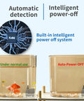 Submersible Water Pump 200GPH With Auto Shut Off And 5.2 Ft Lift For Fountains Hydroponics Ponds Aquariums And More Ultra Quiet Durable High Flow Great For Indoor Outdoor Setups And Quiet Operation shown in two aquarium setups, highlighting automatic detection and intelligent power-off features.