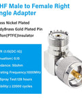 UHF male to female right angle adapter with brass nickel plated body and gold plated pin