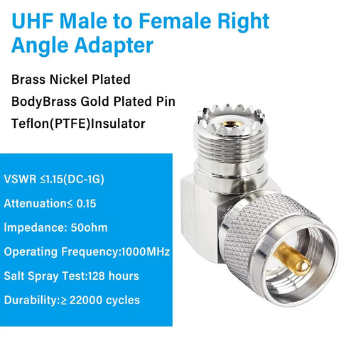 UHF male to female right angle adapter with brass nickel plated body and gold plated pin