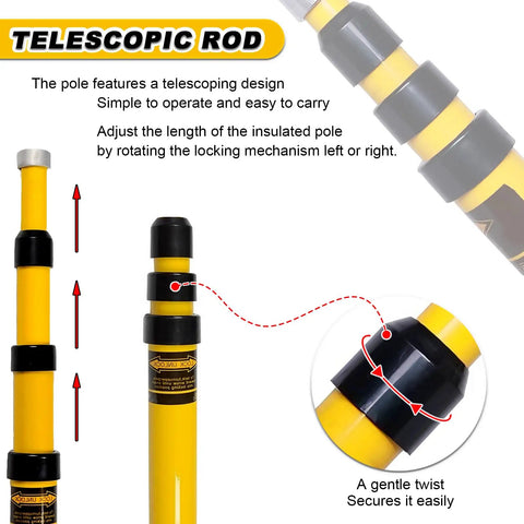 Pro Grade 13 Foot Telescopic Hot Stick With Rugged Utility Hook ASTM F711 Fiberglass Pole showing locking mechanism and pole sections.