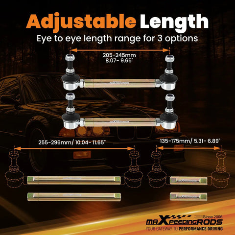 Front Adjustable Sway Bar End Links For BMW 3 Series E36 E46 E90 E91 E92 E93 M3 Beefed-Up Heavy Duty Steel Suspension Kit Direct Replacement With Adjustable Lengths 135-175mm 205-245mm 255-295mm, steel links shown with 205-245mm range