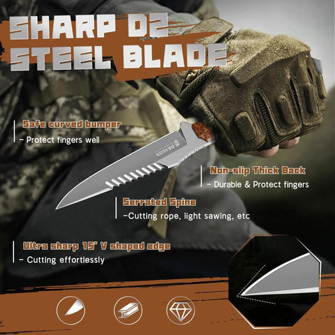 Beast Of A Fixed Blade Knife With D2 Steel Blade Toothed Spine for outdoor duty, showing serrated edge and no-slip grip.
