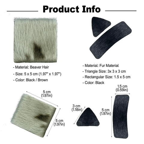 Natural Fur Hair Arrow Rest Set For Longbow And Recurve Bow with beaver hair and fur material, various sizes shown.